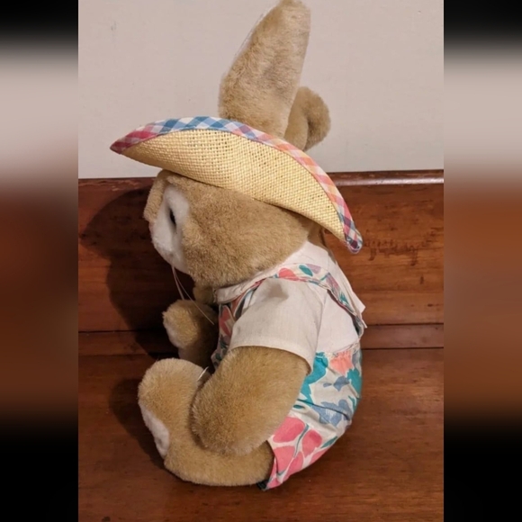 HAPPY EASTER Tan Bunny Rabbit Wearing Overalls & Straw Hat Plush Toy - Picture 2 of 7